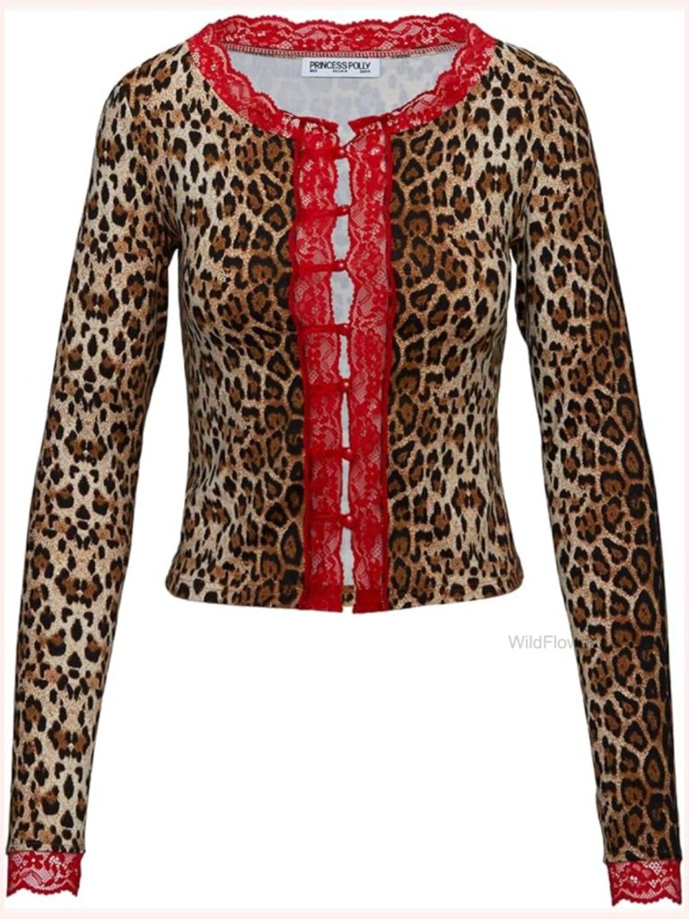 Long Sleeve Button Detail Leopard Print Crop Top Lace Boat Neck